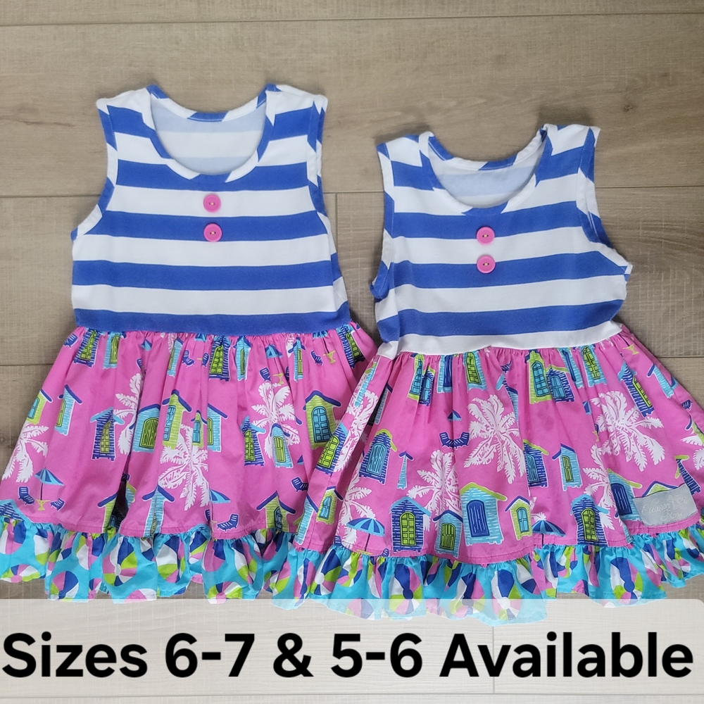 Eleanor Rose Beach Shack Story Print Ruffle Dress Blue Stripe Sister Set 5-6 6-7